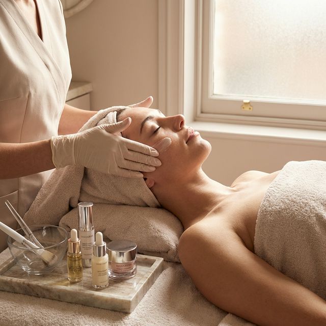 Klientka při relaxačním kosmetickém ošetření pleti v salonu